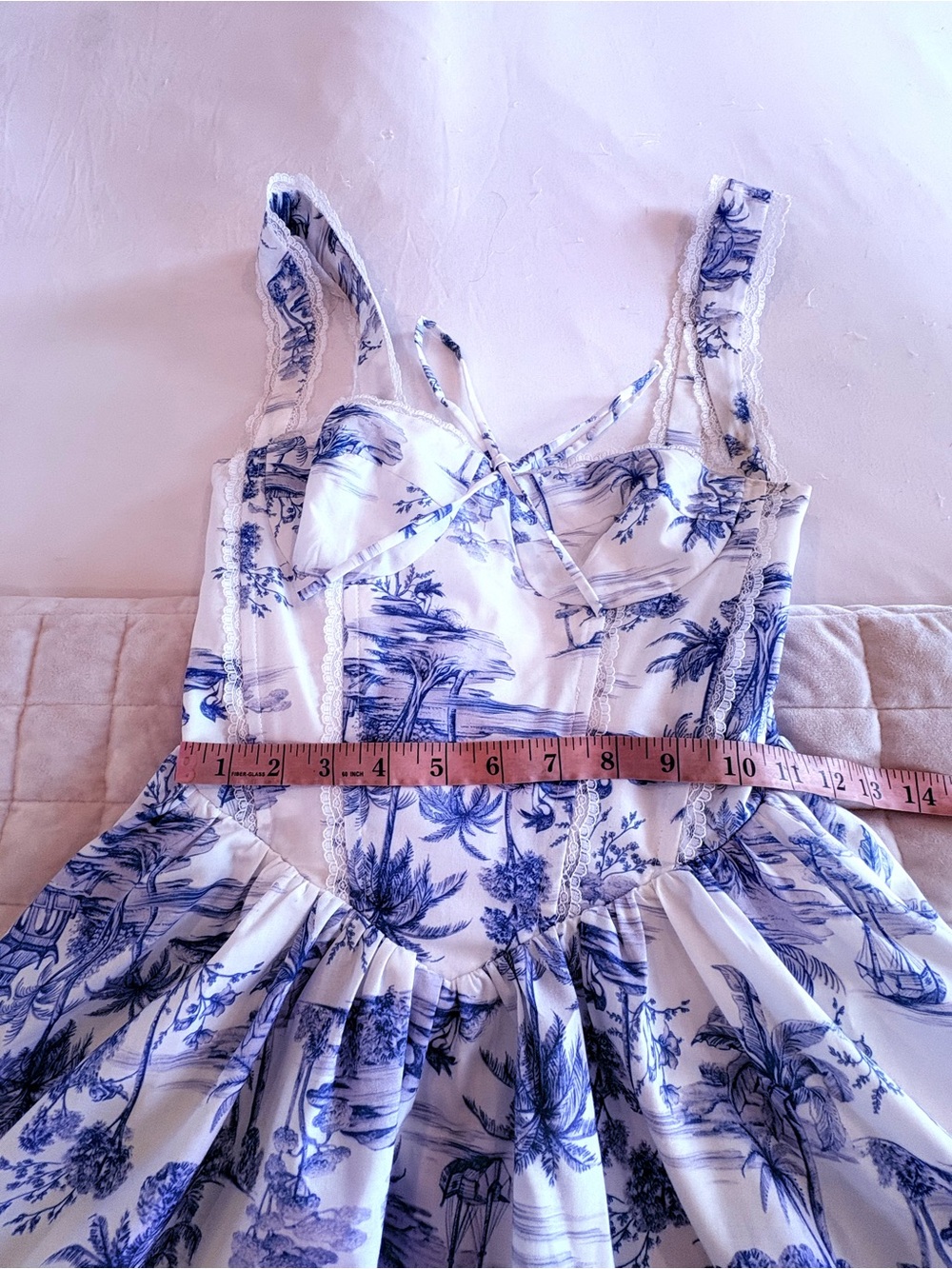 Showpo Idris Toile De Jouy Corset Mini Dress Blue White Lace Trim Size 4 - Picture 9 of 15